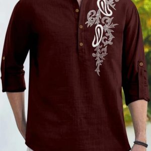 Men's Maroon Embroidered Mandarin Collar Henley